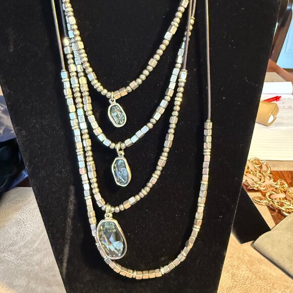 Vintage Uno de 50 Leather Silvertone Crystal Tiered Neckalce 22-32 inches - Picture 1 of 6